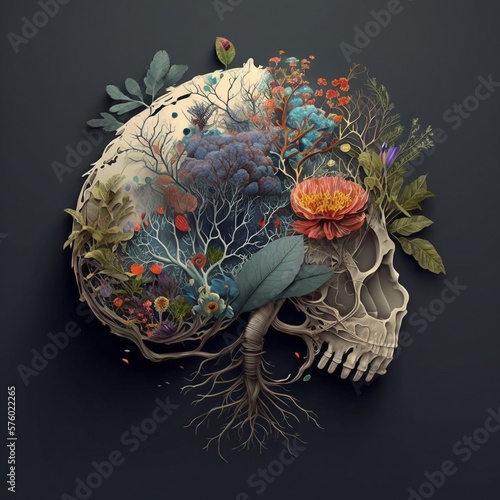 a human anatomical skull with floral design, representing positive ideas and optimism, generative ai illustration