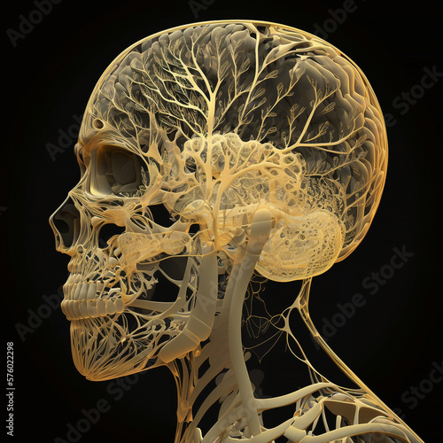 a human anatomical skull and head  seen in transparency x ray , gold and black palette, generative ai illustration photo