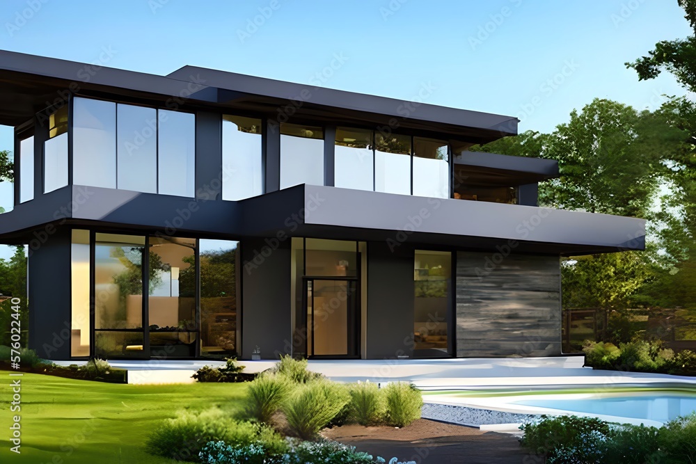 Exterior image of a new modern house with large windows with a garden in a rural area under the beautiful sky. Generative AI Exterior image of a new modern house with large windows with a garden in a rural area under the beautiful sky. Generative AI