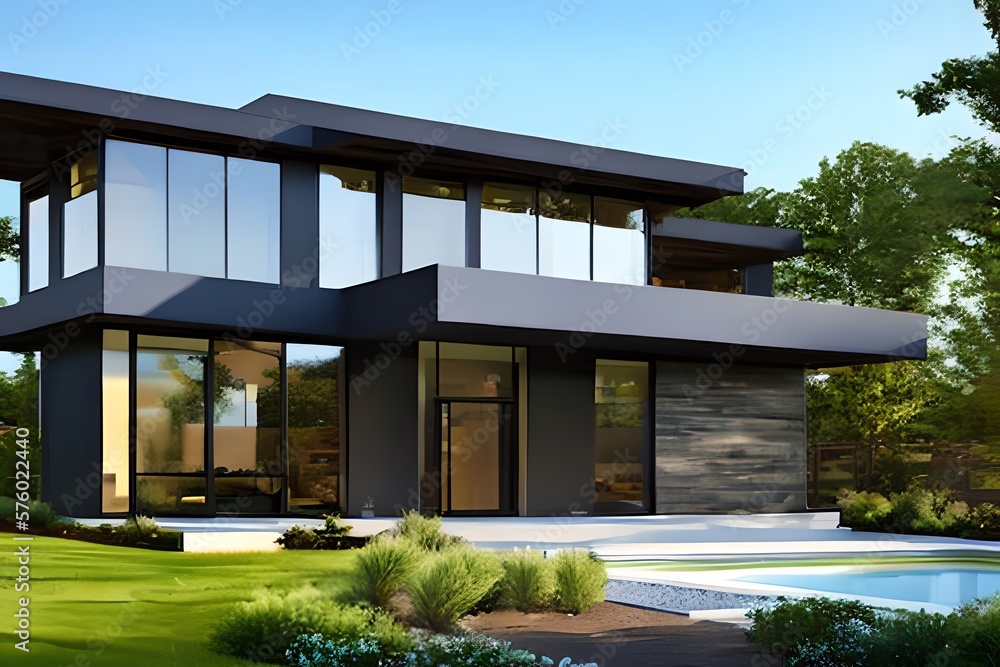 Exterior image of a new modern house with large windows with a garden in a rural area under the beautiful sky. Generative AI