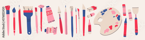 Big set with various drawing tools. Art supplies in pink and blue. Vector graphics for design.