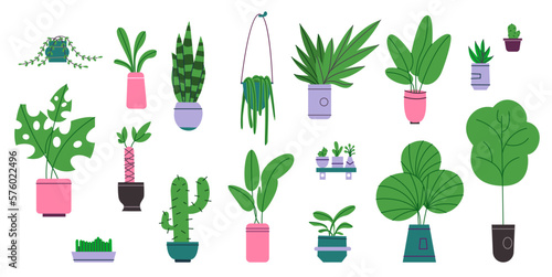 Cartoon home plants. Different decorative houseplants in pots. Cozy interior. Green ficuses and cacti. House garden. Cactus and palm in flowerpots. Vector indoor greenhouse elements set