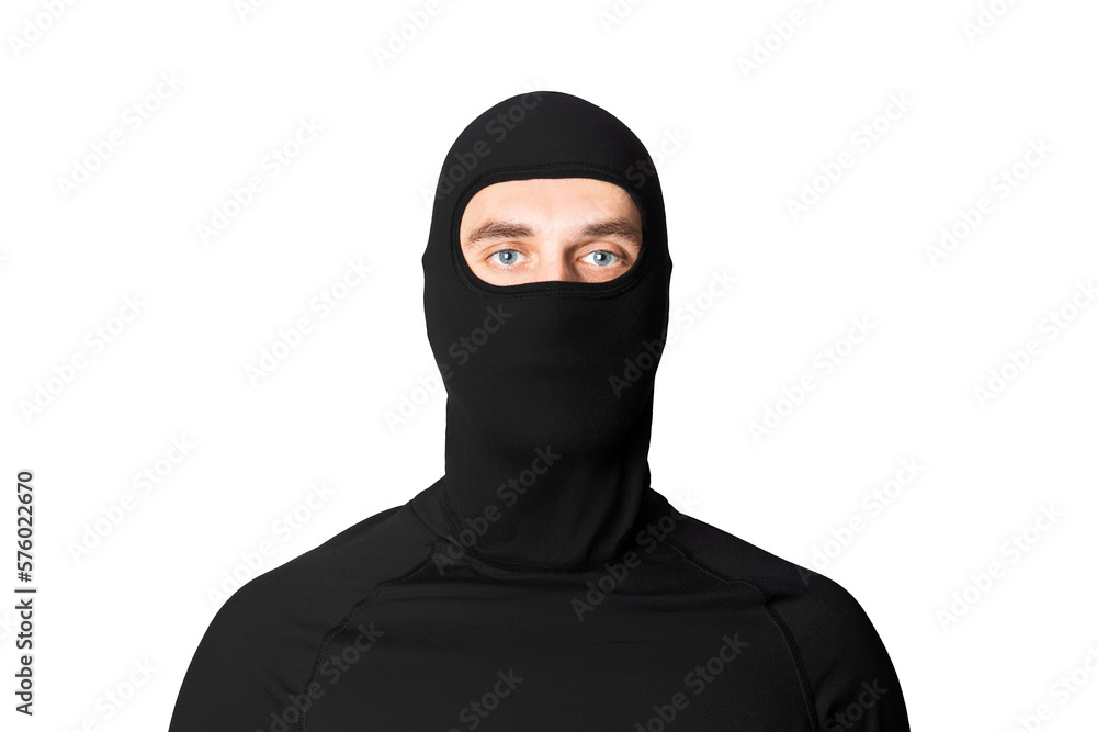 A man in a black mask. Thief, bandit. Isolated on white background. Robbery. A man in a black mask. Thief, bandit. Isolated on white background. Robbery.