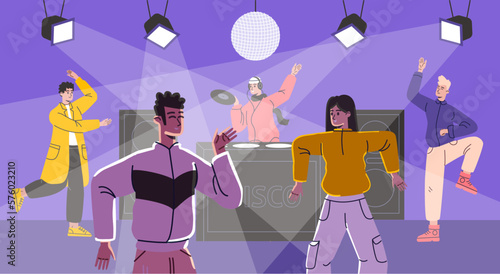 Club party people. Friends dance in nightclub. Electronic music. Guys and girls at discotheque. Dark room with spotlights. DJ and young dancers. Nightlife entertainment. Vector concept