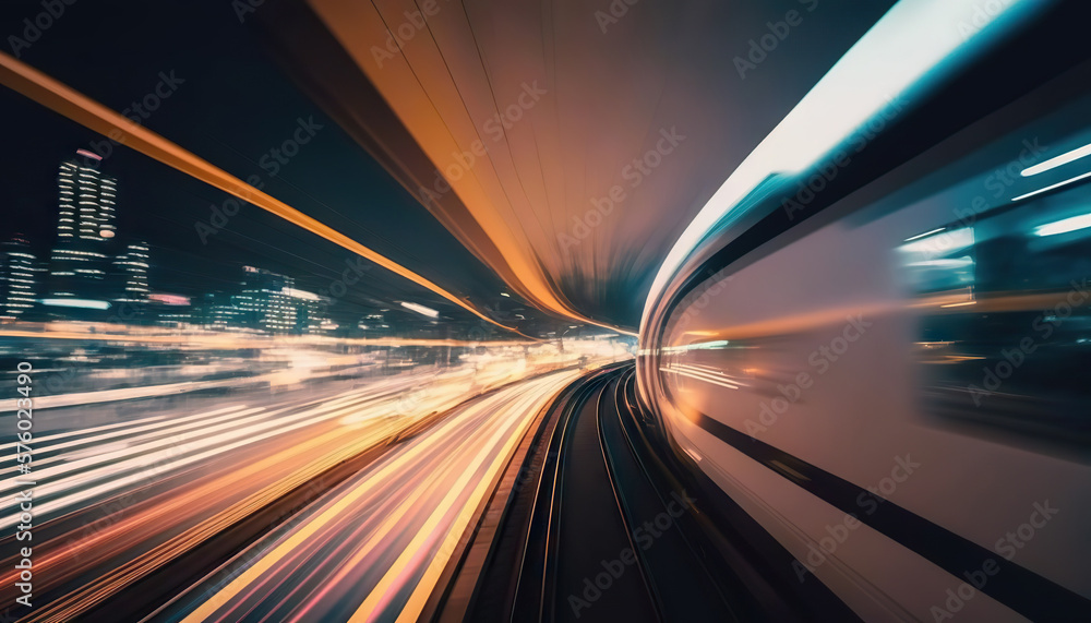 Futuristic high speed blurred light tail at night city. Based on Generative AI Futuristic high speed blurred light tail at night city. Based on Generative AI