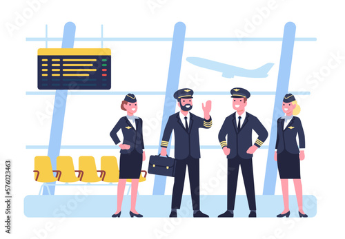 Crew pilots and stewardesses stand in airport building. Airplane captain and attendants in waiting hall. Airline staff. Professional employees. Men or women in uniform. Vector concept