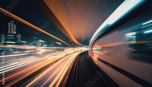 Futuristic high speed blurred light tail at night city. Based on Generative AI