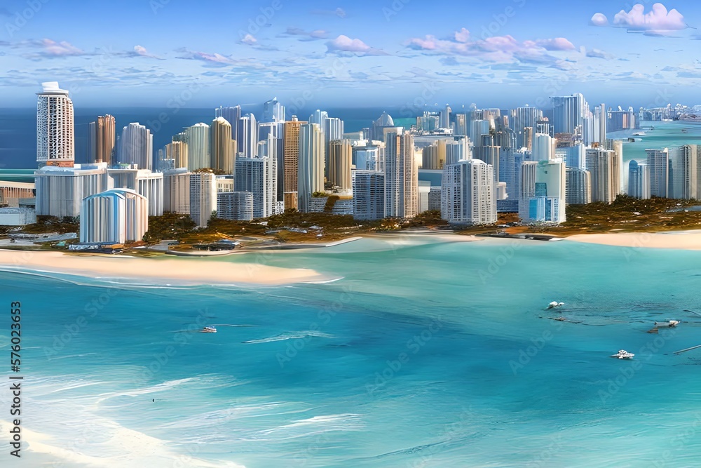 Obraz premium midjourney generated illustration by ai, miami beach scene in pastel colors. Generative AI