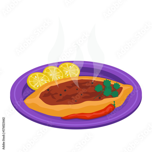 Turkish food. Pide. Boat-shaped bread pie stuffed with meat and vegetables. Vector graphic.