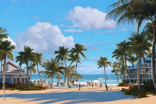 midjourney generated illustration by ai, miami beach scene in pastel colors. Generative AI