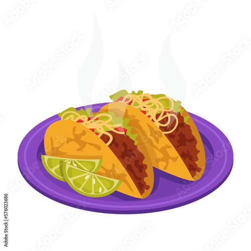 Mexican food. Taco. Stuffed corn or wheat tortilla - beef, pork, chicken, seafood, chorizo, beans, vegetables, etc. Vector graphic.