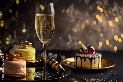 Champagne and macarons, celebration party food, ai generated, generated art