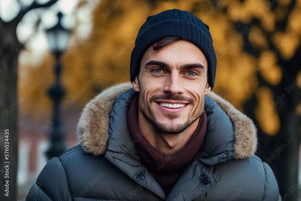 A city winter portrait of a cheerful and attractive male student dressed in warm attire, beaming with joy amidst the autumn foliage, generative ai art A city winter portrait of a cheerful and attractive male student dressed in warm attire, beaming with joy amidst the autumn foliage, generative ai art
