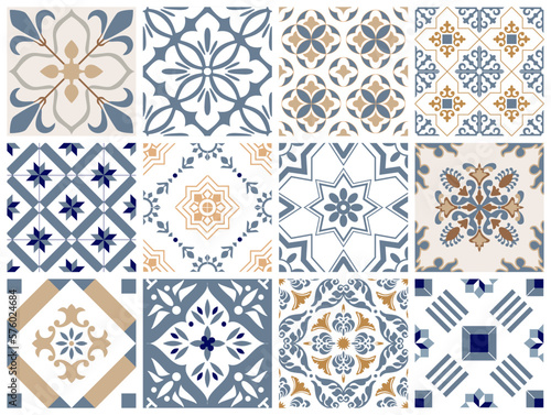 Traditional decorative color portuguese set of seamless vector patterns. The tile is azulejo. Geometric patterns and backgrounds for your design. Vector illustration.
