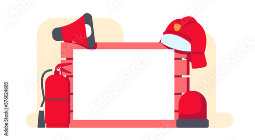 Firefighter board. Blaze extinguish presentation. Firefighting prevention banner. Fire extinguisher. Fireman helmet and megaphone. Flame safety information blank poster. Vector concept