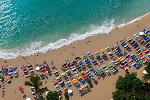 Overhead view of people relaxing on beach holiday. Generative AI