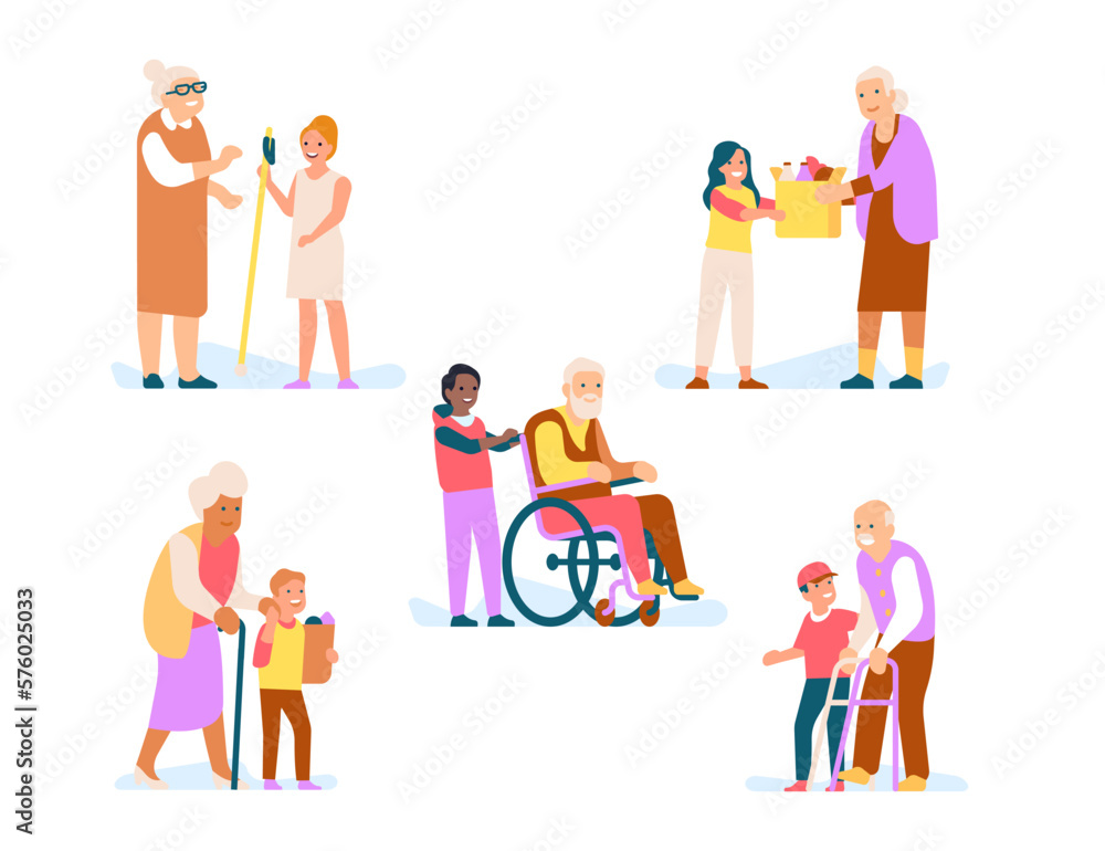 Good kids help old people with daily routines. Senior men and women support. Grandchildren care of elderlies. Teenagers buy groceries for aged persons. Happy grandparents vector set Good kids help old people with daily routines. Senior men and women support. Grandchildren care of elderlies. Teenagers buy groceries for aged persons. Happy grandparents vector set