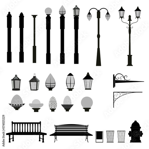 Street  out door elements, lights, pillars, lanterns, benches. Vector illustration.