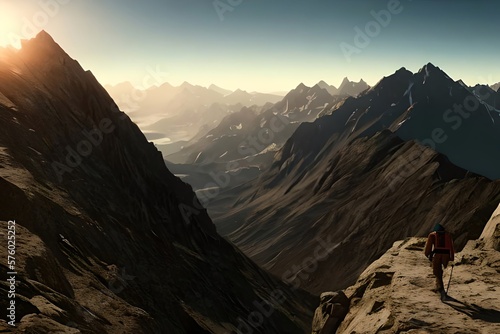 Reaching your goals concept, mountain climber following path to flag on top of mountain. Generative AI © Pixel Matrix