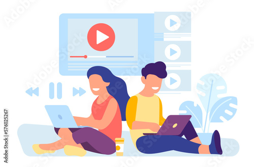 Guy and girl watch entertaining video and discuss it. Internet multimedia player. Film discussion. People with laptops. Online movie live streaming. Digital television. Vector concept