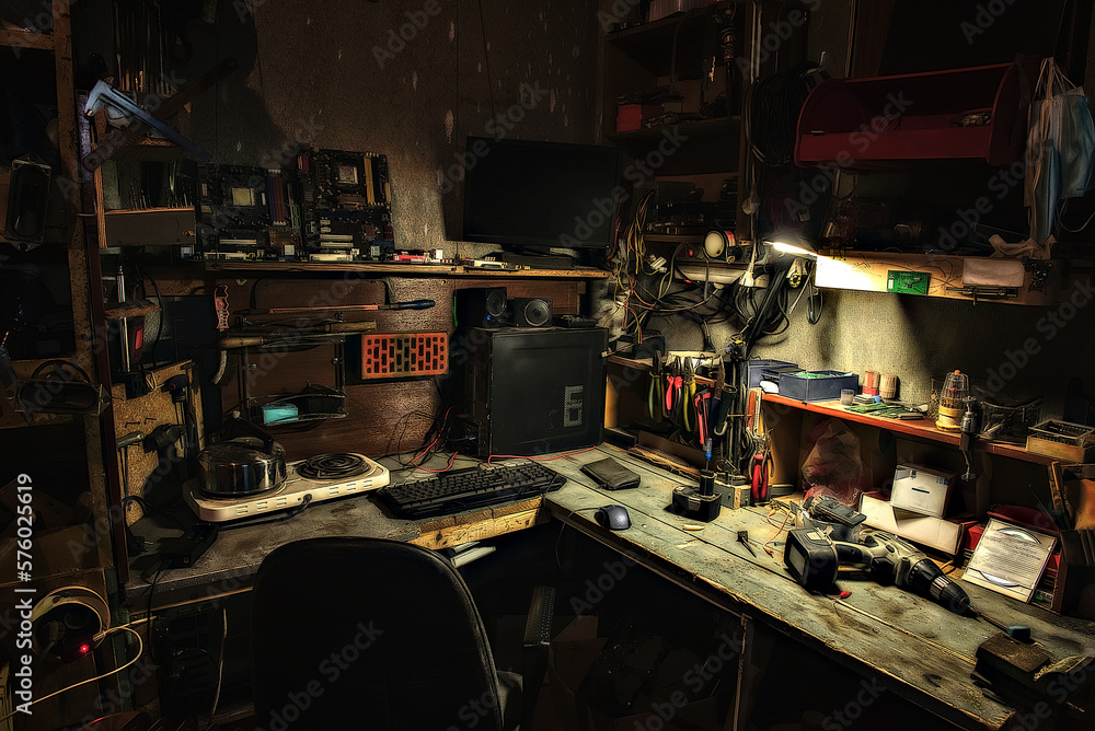 Fototapeta premium workbench for work and repairman locksmith tools in garage