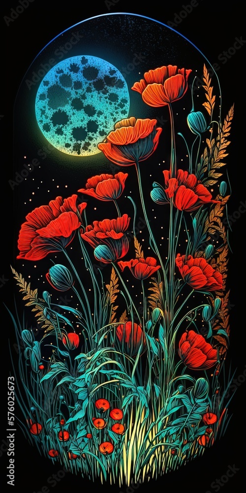 Field of poppies in the glow of the moon  inner glow filigree vibrant color Generative AI
