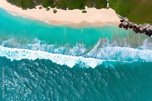 sea ocean waves reaching shore.Beach with aerial drone. Beach clear turquoise top view. Beautiful beach ,aerial drone beautiful beach. Generative AI