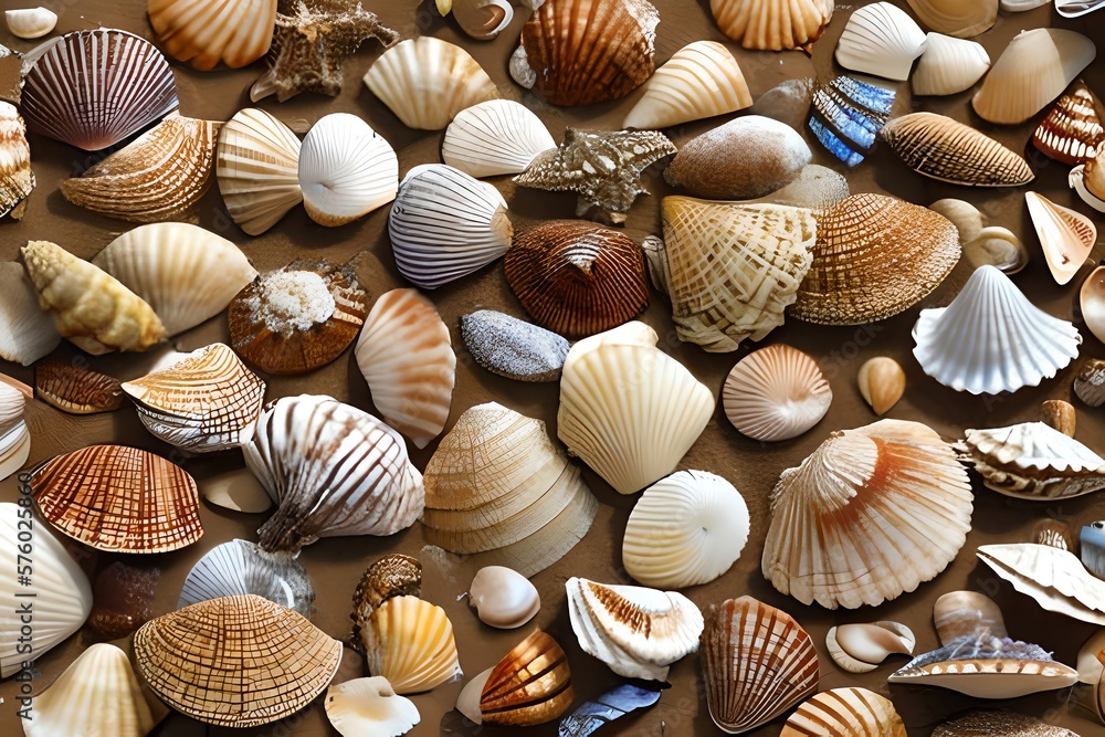 Seashells on the beach summer creative illustration. Generative AI