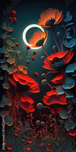 Field of poppies in the glow of the moon  inner glow filigree vibrant color Generative AI