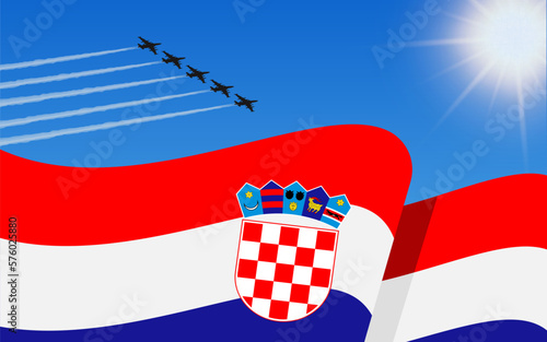Flag of Croatia and a fighter plane formation flying in the sky. Independence day Croatia. Military aviation in the blue sky. Vector illustration