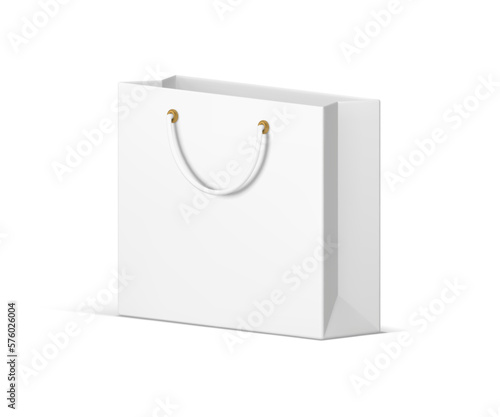White package online shopping paper bag goods purchasing delivery service 3d icon realistic vector