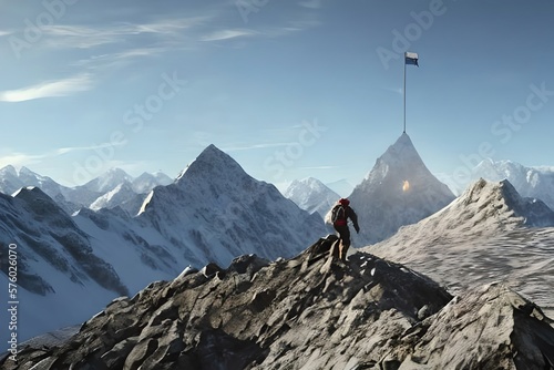 Setting up goals concept, mountain climber going towards flag on mountain top, illustration. Generative AI © Pixel Matrix