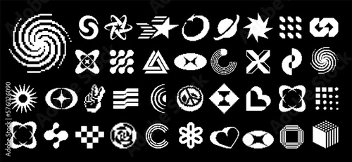 Abstract graphic elements set. Retro futuristic Y2K geometric shapes, modern brutalist design icons and signs, vector bitmap pixel effect