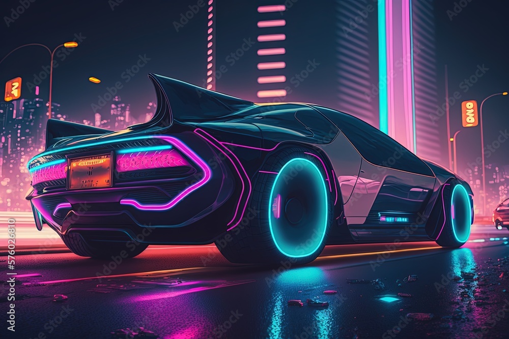 Car with neon lighting for a high speed move in a futuristic style against the backdrop of an urban view. New technologies, cyberpunk, high resolution, art, generative artificial intelligence