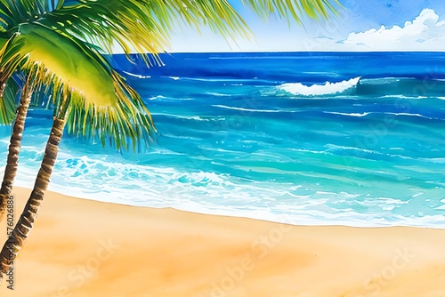 Summer tropical beach with golden sand and wave. Hand drawn watercolor illustration. Generative AI © Pixel Matrix