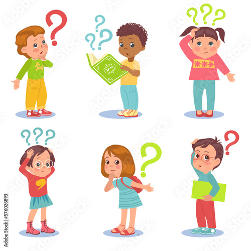 Kids with question. Little inquisitive girls or boys. Thoughtful children with interrogation marks. Curious young students. Searching solution. Education trouble. Splendid vector set