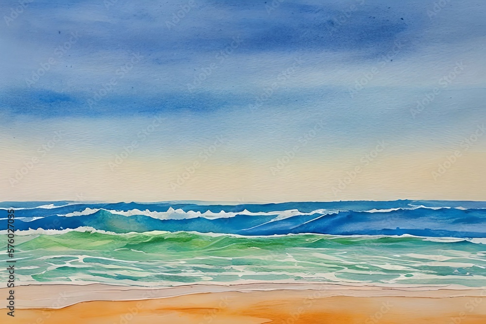 Sunny seascape. Watercolor illustration. Generative AI