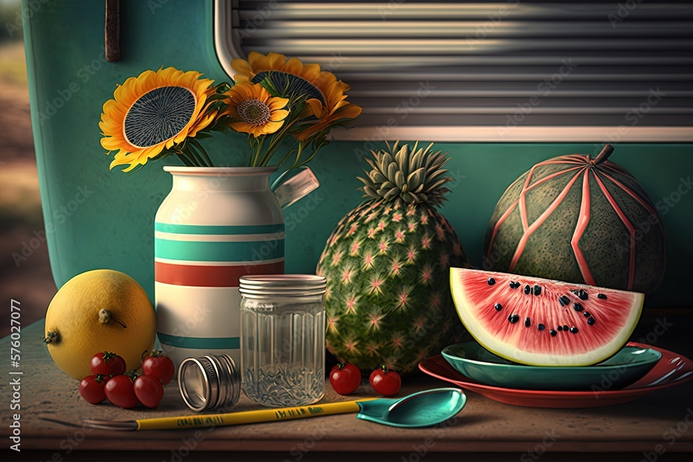Still life with an arbus and a phase with flowers on a turquoise ...