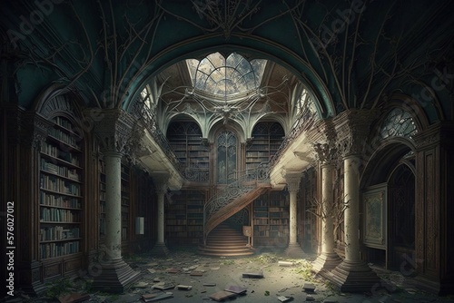 Ancient hall richly decorated but abandoned library. Luxurious interior  gothic style  reading room  rare book collection  spooky atmosphere  high definition  art  generative artificial intelligence