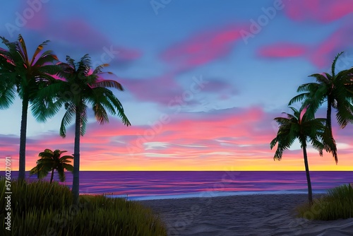Synthase sunset  landscape with palm trees  80s retro synthase color design ocean wave. Generative AI