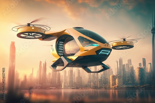 Airplane in motion in a futuristic style against the backdrop of a desert city landscape. New technologies, cyberpunk, high resolution, art, generative artificial intelligence © Coosh448