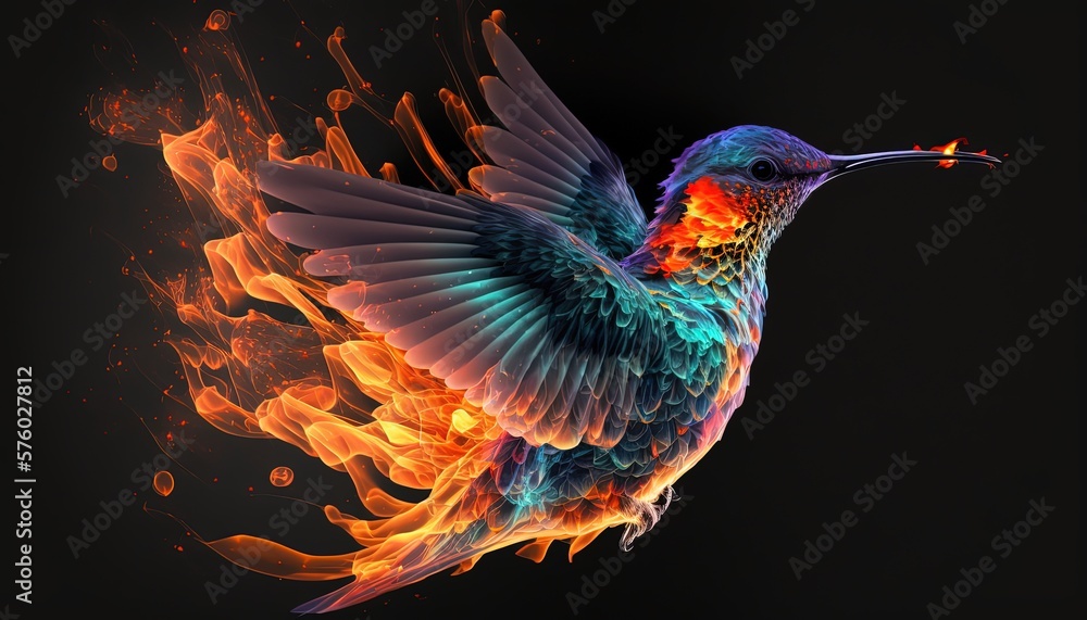 Obraz premium colorful hummingbird with flame fire wing with smoke, Generative Ai
