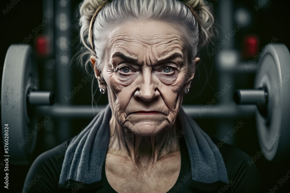 Senior woman at the gym tired after cardio training. AI generative illustration. Senior woman at the gym tired after cardio training. AI generative illustration.