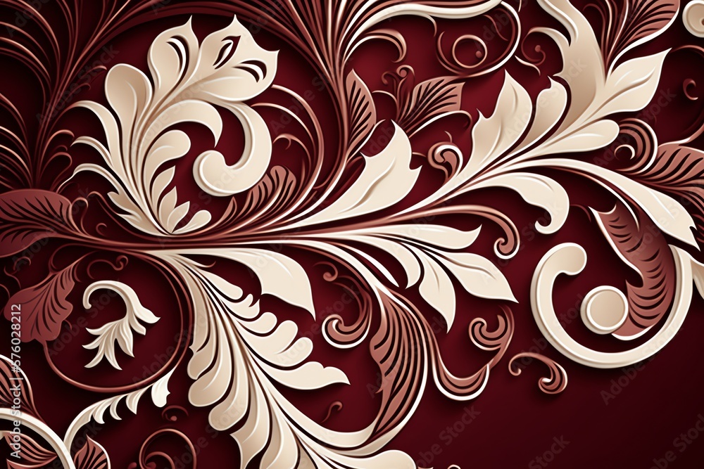 Abstract ornate dark red and white color background. Patterned color background. Generative AI