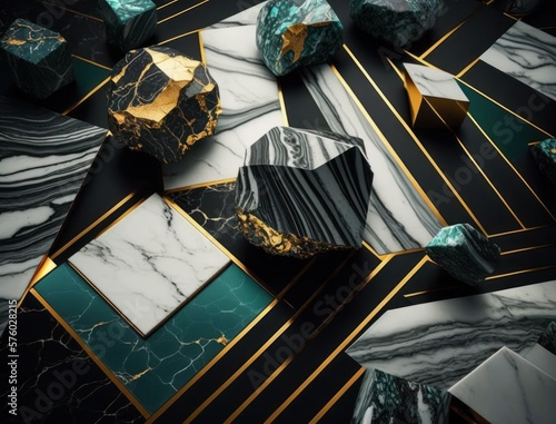 Marble stone texture background material with elements of semi-precious stones and gold created with Generative AI technology