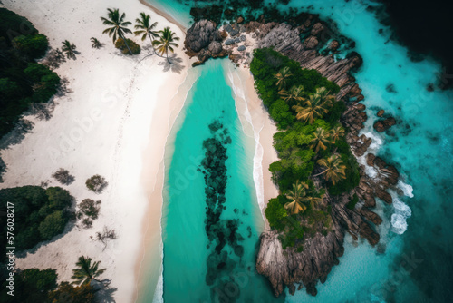 Aerial view of seashore with beach and forest. Coastline with sand and water. Tropical landscape. AI generative.