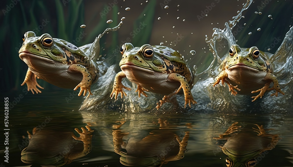 frogs jumping competition, jump motion with water splash, idea for