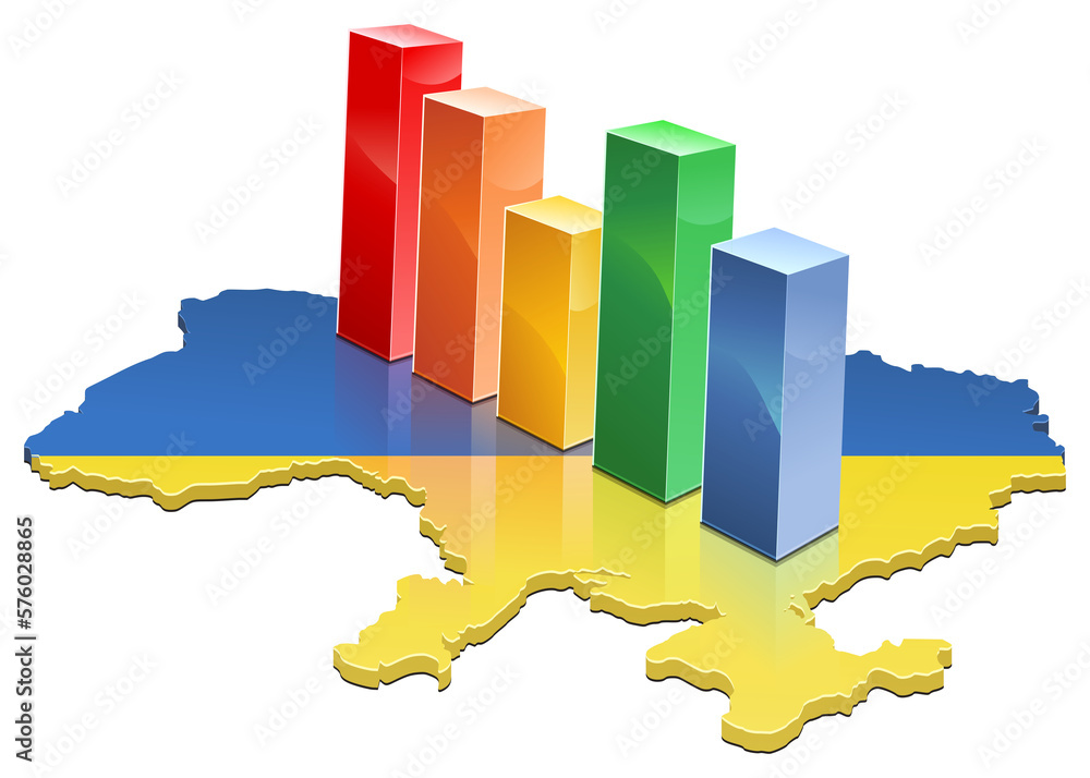 3D map of Ukraine in blue and yellow colors of the Ukrainian flag with multicolored 3D bars of statistics (cut out)
