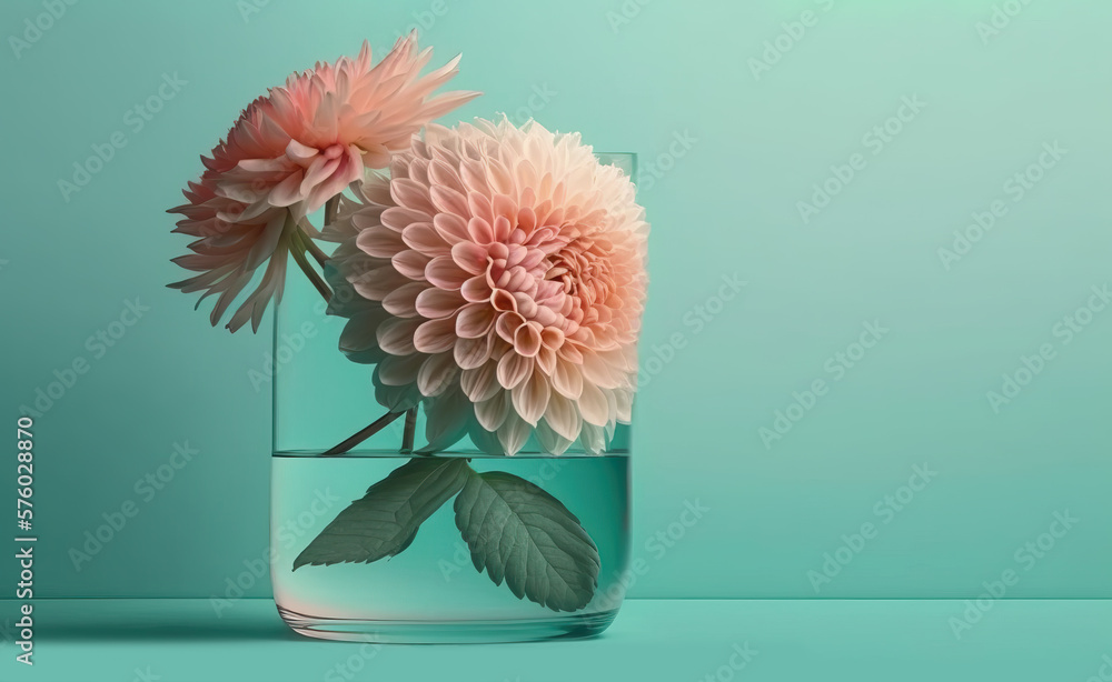Glass of fresh Dahlias flowers in glass vase with water. Generative AI