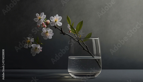 Glass of fresh Bossom plum flowers in glass vase with water. Generative AI photo